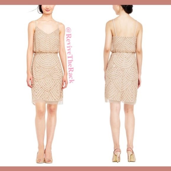 NEW Adrianna Papell Sequin‎ Mesh Blouson Dress in Champagne Gold [SZ 4 ] - Picture 2 of 9